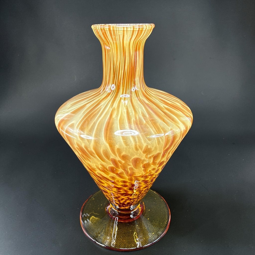 Italian Art Glass Vase Bottle Amber Tortoiseshell Pulled Feather 6 Inch Footed